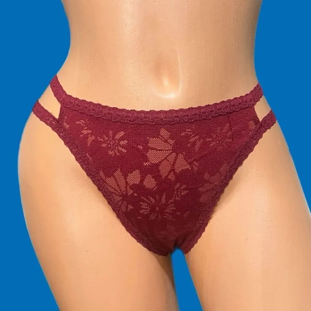 Victorias Secret Pink Sheer Floral Lace Double Strap Thong panty Maroon M